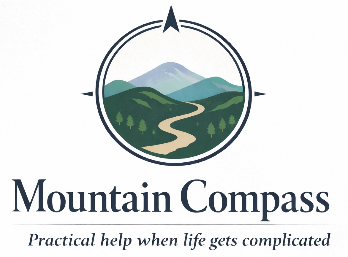 Mountain Compass Logo of Compass around an image of path leading to distant Mountains