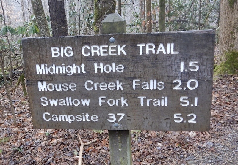 Multi-destination Big Creek Trail sign in a misty Western North Carolina forest